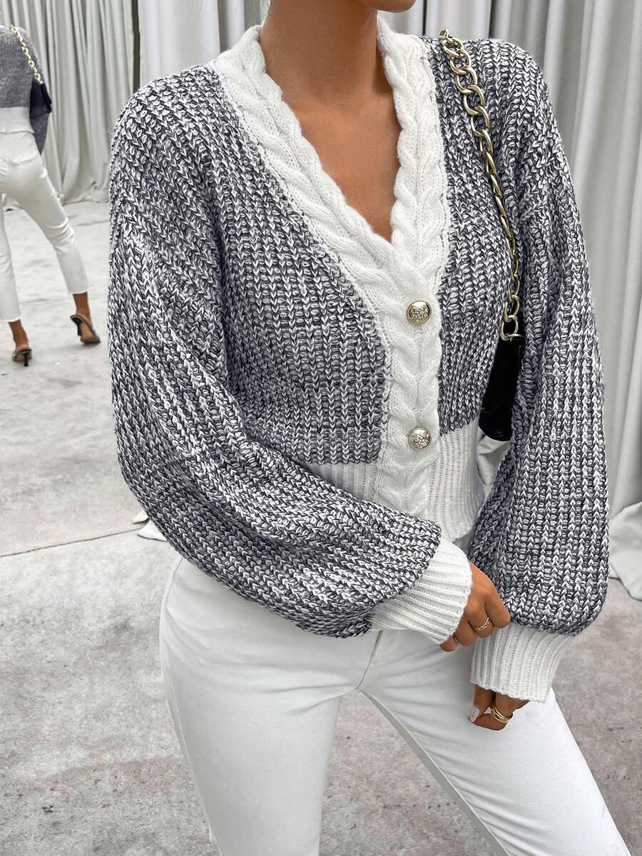 SHEIN Essnce 段染落肩袖開襟衫 - 灰色 - 查看 1