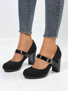 黑色和棕色的撞色粗高跟鞋帶深的鞋面 - 黑色 - 查看 2