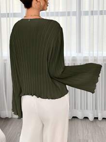 SHEIN Essnce Boat Neck Trumpet Sleeve Lettuce Trim Plisse Blouse,Long Sleeve Tops - Army Green - View 2