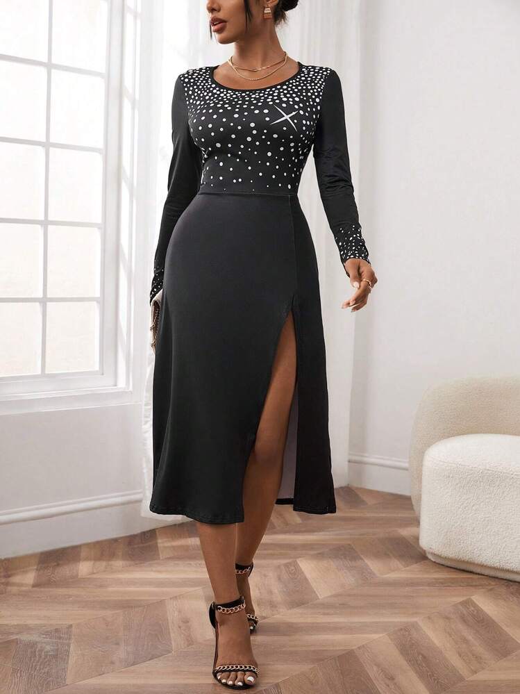 SHEIN Unity 波點圖案高衩洋裝 - 黑色 - 查看 4