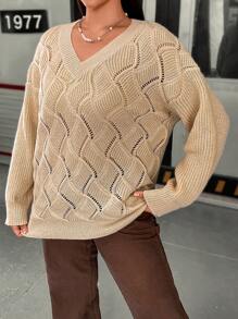 Flirla Plus Pointelle Knit Drop Shoulder Sweater Knit Pullover Fall Winter Sweater - Apricot - View 3