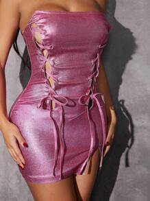 SHEIN SXY Vestido ajustado tubo con cordón delantero - Rosa Fucsia - Ver 3