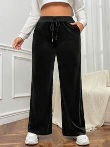 SHEIN EZwear Women's Plus Size Black Velvet Drawstring Waist Straight Leg Pants - Black - View 5