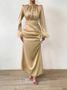 Chiquease Fuzzy Cuff Ruched Bust Dress Maxi Women Outfit - Apricot - View 6