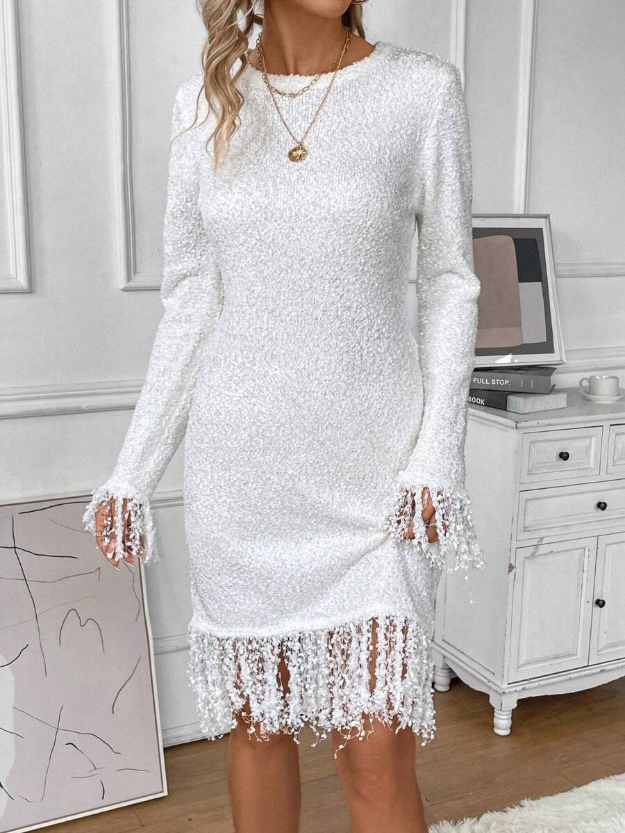 SHEIN Clasi Fringe Trim Sweater Dress - White - View 1