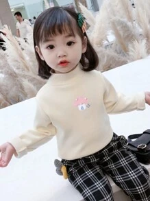 女小童卡通圖案小高領T恤 - 米色 - 查看 3