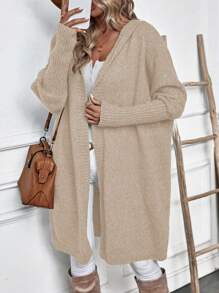SHEIN LUNE Batwing Sleeve Hooded Duster Cardigan - Khaki - View 4