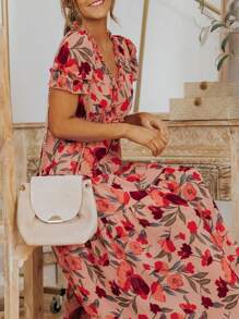 Vestido Longo de Festa Casual Boêmio Feminino de Manga Curta com Gola em V e Franzido com Estampa Floral - Vermelho - Visão 4