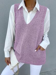 SHEIN Frenchy 1 Miếng Dệt kim Marled Túi Kép Áo len vest - Màu tím - Xem 1