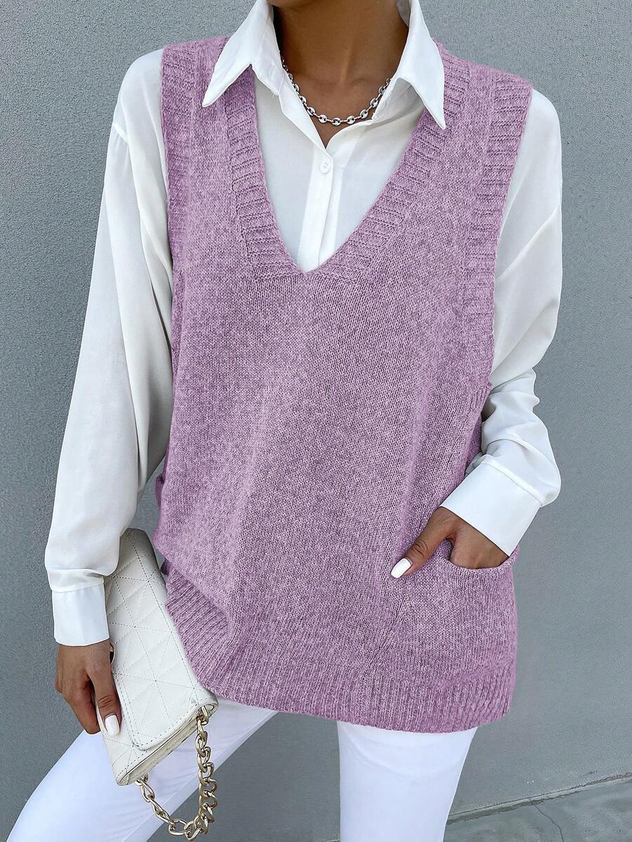 SHEIN Frenchy 1 Miếng Dệt kim Marled Túi Kép Áo len vest - Màu tím - Xem 1