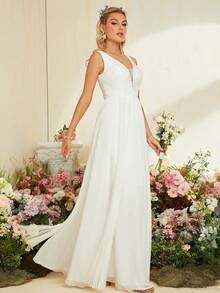 Vestido De Novia Largo De Malla Con Encaje En Contraste - Blanco - Ver 4