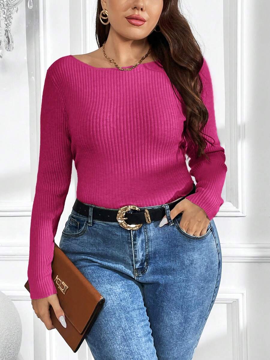 SHEIN Clasi Hơn Cổ thuyền Đồ đan Ribbed Áo len - Màu Hồng Tươi - Xem 1