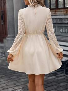 SHEIN Frenchy Ren tương phản Tay áo lồng đèn Đầm Không có thắt lưng - Màu be - Xem 2