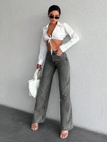 SHEIN Cottnline جينز نسائي بالساق المستقيمة - رمادي غامق - مشاهدة 3