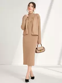 Seusyu Rib Knit Cardigan & Mock Neck Sweater Dress 2 Piece Set Fall Cloth For Women - Khaki - View 3