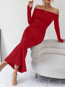 SHEIN Privé 一字肩側收褶魚尾裙下擺緊身洋裝 - 紅色 - 查看 6