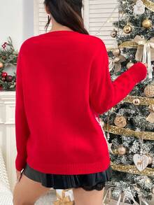 SHEIN Unity 聖誕麋鹿圖案落肩袖套頭毛衣 - 紅色 - 查看 2