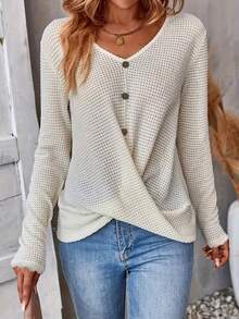 SHEIN Frenchy Solid Button Detail Cross Wrap Hem Tee - Apricot - View 5