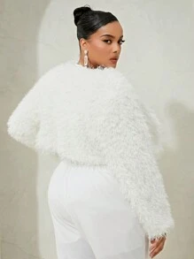SHEIN SXY 大碼素色開門襟毛茸茸外套 - 白色 - 查看 2