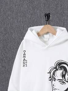 SHEIN 青少年男孩日文字母和数字图案连帽保暖卫衣 - 白色 - 查看 5