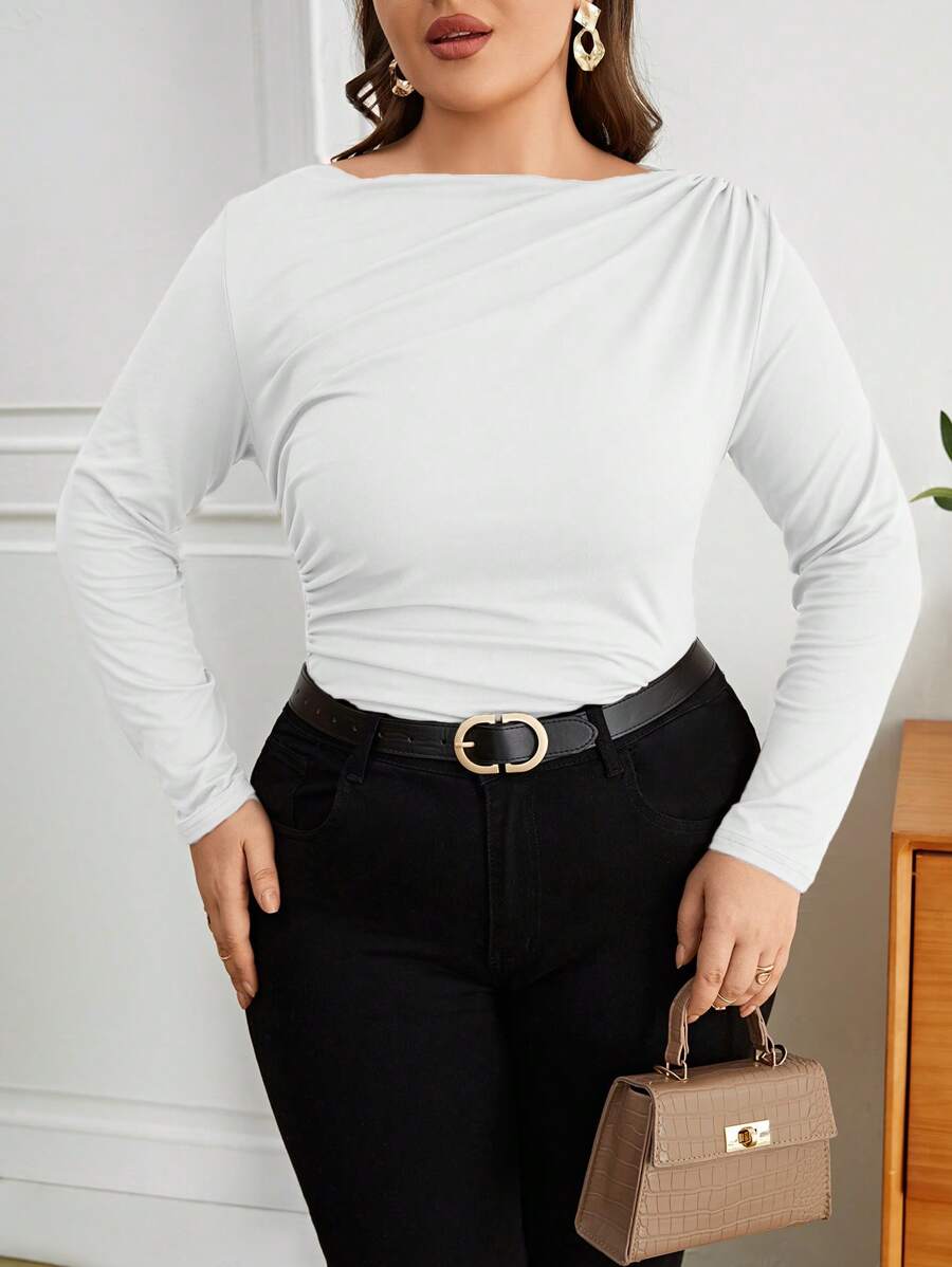 SHEIN Privé 大碼素色船領褶邊T恤 - 白色 - 查看 1
