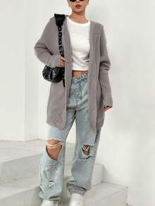 SHEIN EZwear Thả vai Mở Mặt trước áo có mũ Áo len Mở - Màu Xám nhạt - Xem 5