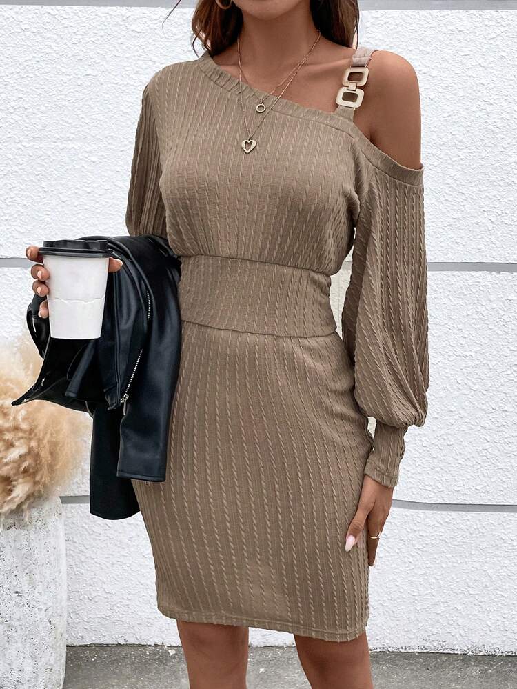 Chain Detail Asymmetrical Neck Lantern Sleeve Dress