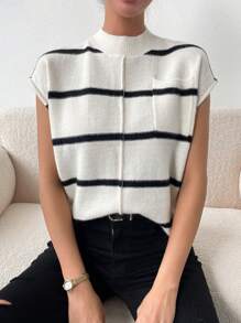 Chiquease Striped Pattern Mock Neck Pocket Patched Sweater Vest - Khaki - View 1