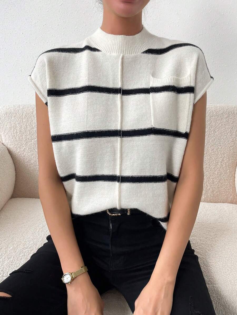 Chiquease Striped Pattern Mock Neck Pocket Patched Sweater Vest - Khaki - View 1