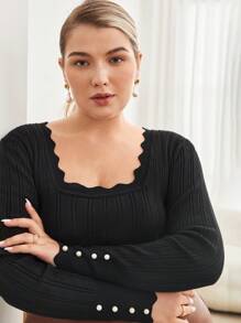 BizChic Plus Scallop Trim Button Detail Sweater