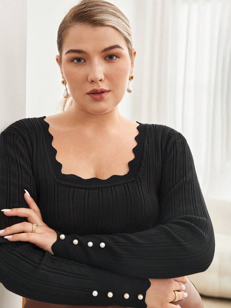 Plus Scallop Trim Button Detail Sweater
