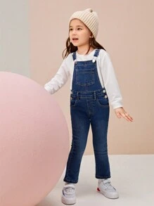 Chica Joven 1 pieza Petos mezclilla con bolsillo oblicuo - Azul lavado oscuro - Ver 4