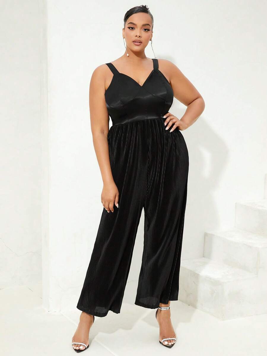 SHEIN SXY Talla grande Mono de tirantes de pierna ancha unicolor - Negro - Ver 1