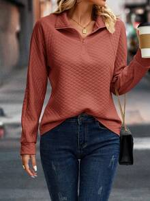 SHEIN LUNE Solid Half Zip Sweatshirt - Red - View 3