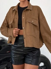 EURMUSE Ring Detail Drop Shoulder Flap Pocket Jacket - Camel - View 1