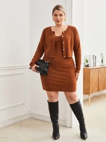 BizChic Plus Button Front Jacket & Ruched Cami Dress - Coffee Brown - View 3