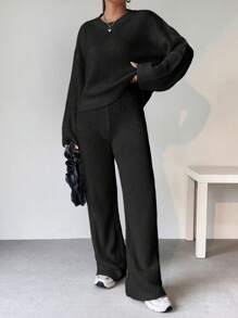 SHEIN Unity 落肩袖套頭毛衣和針織褲 - 黑色 - 查看 4