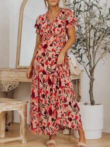 Vestido Longo de Festa Casual Boêmio Feminino de Manga Curta com Gola em V e Franzido com Estampa Floral - Vermelho - Visão 9