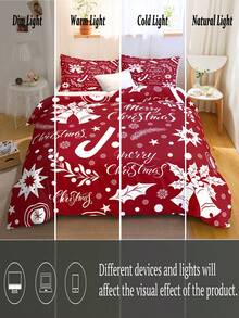 3pcs Christmas Themed Polyester Bedding Set With Snowflakes, Bells And Red Background - Red and White - View 9