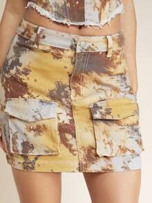 SHEIN BAE 紮染翻蓋口袋牛仔半身裙 - 彩色 - 查看 6