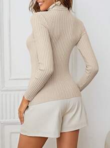 INAWLY Solid Turtleneck Ribbed Knit Sweater,Long Sleeve Tops Knit Pullover Fall Winter Sweater - Apricot - View 2