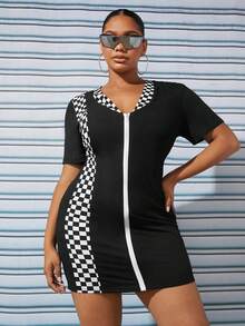 SHEIN SXY Plus Checker Print Zip Up Bodycon Dress - Black and White - View 4