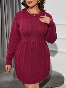 SHEIN Clasi Plus Solid Cable Knit Sweater Dress - Burgundy - View 3
