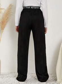 RueChic Teen Girl Letter Graphic Drawstring Waist Straight Leg Pants - Black - View 2