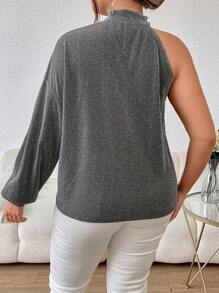 SHEIN Privé Hơn Cổ không đối xứng Cắt ra phía trước Áo thun Thả vai - màu đen - Xem 2