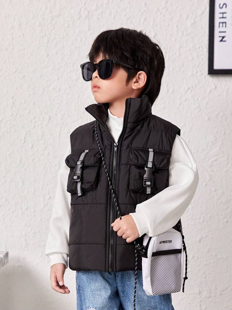 1pc Toddler Boys' Cool Workwear Style Vest With Pockets, Comfortable, Fashionable, Simple, Soft, Practical And Warm, Perfect For Autumn And Winter