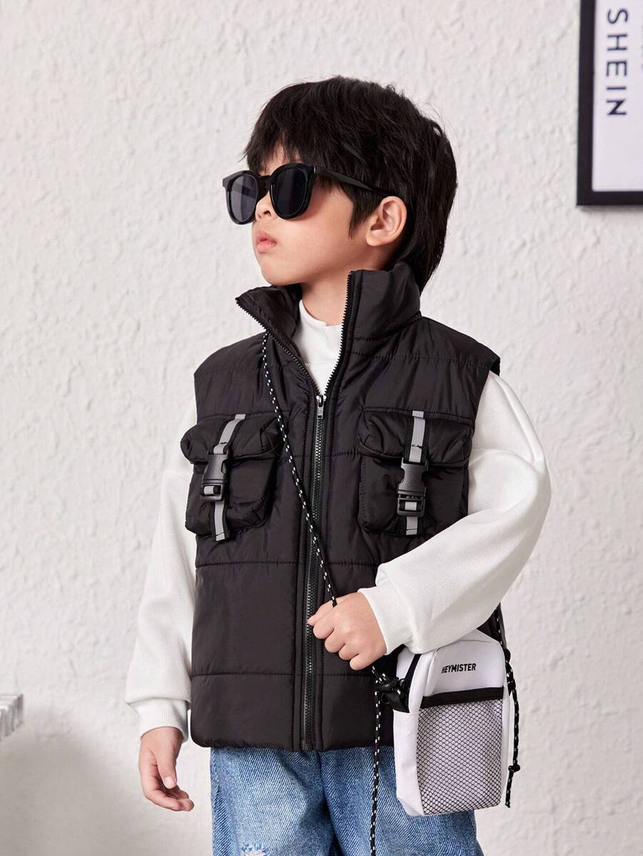 SHEIN 1pc Toddler Boys' Cool Workwear Style Vest With Pockets, Comfortable, Fashionable, Simple, Soft, Practical And Warm, Perfect For Autumn And Winter