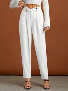 SHEIN Tall 高腰拼接細節西裝褲 - 卡其色 - 查看 3