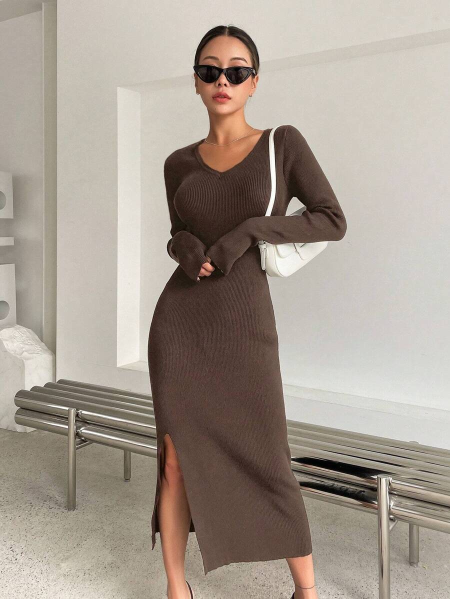 DAZY 纯色开叉大腿罗纹针织毛衣裙，秋季女装 - 咖啡棕 - 查看 1