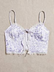 Soleia Floral Print Lace Trim Tie Front Cami Top - Mauve Purple - View 5